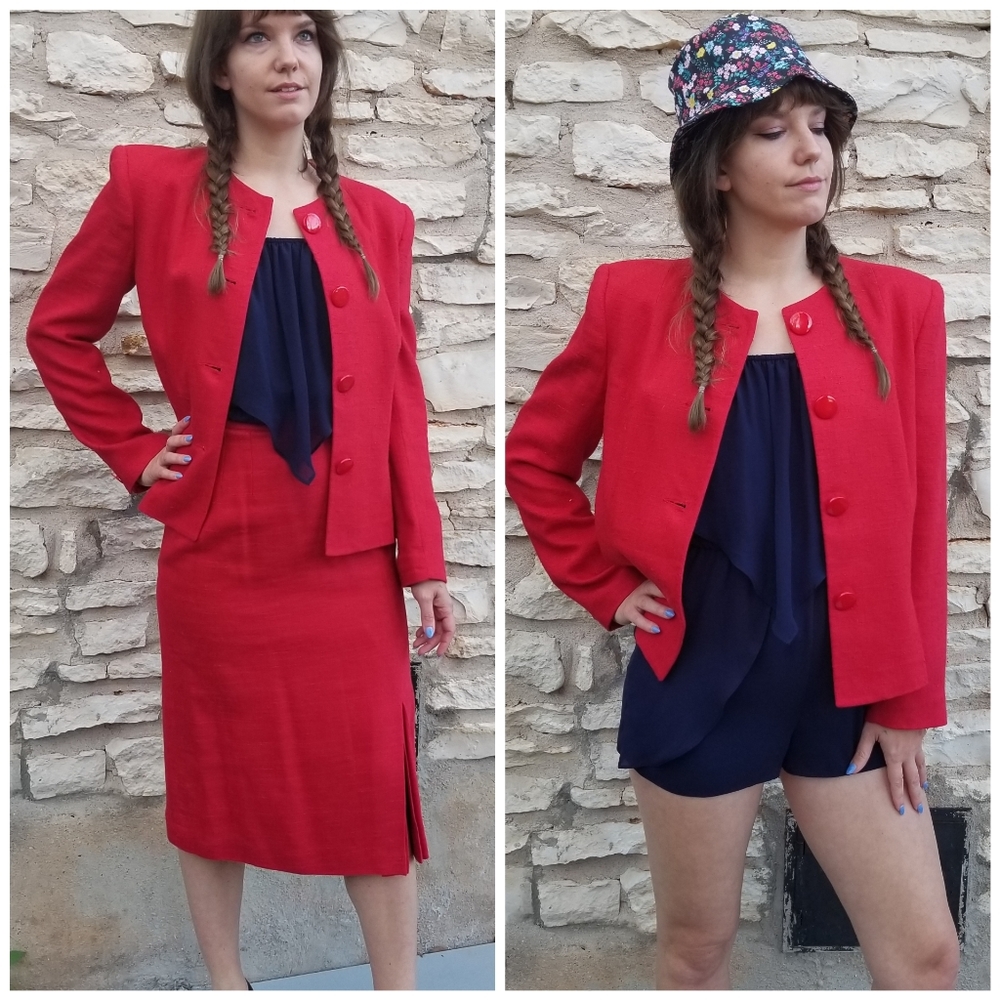 Vintage Michelle Stuart Skirt Suit XS Power Suit Holiday Career Cherry Red